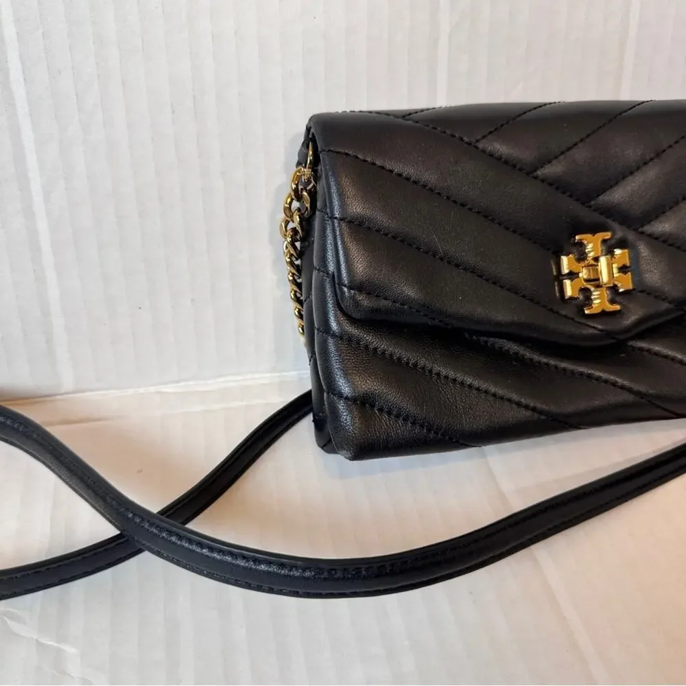 Tory Burch Black Leather Kira Quilted Crossbody Handbag Purse Gold Chain Strap